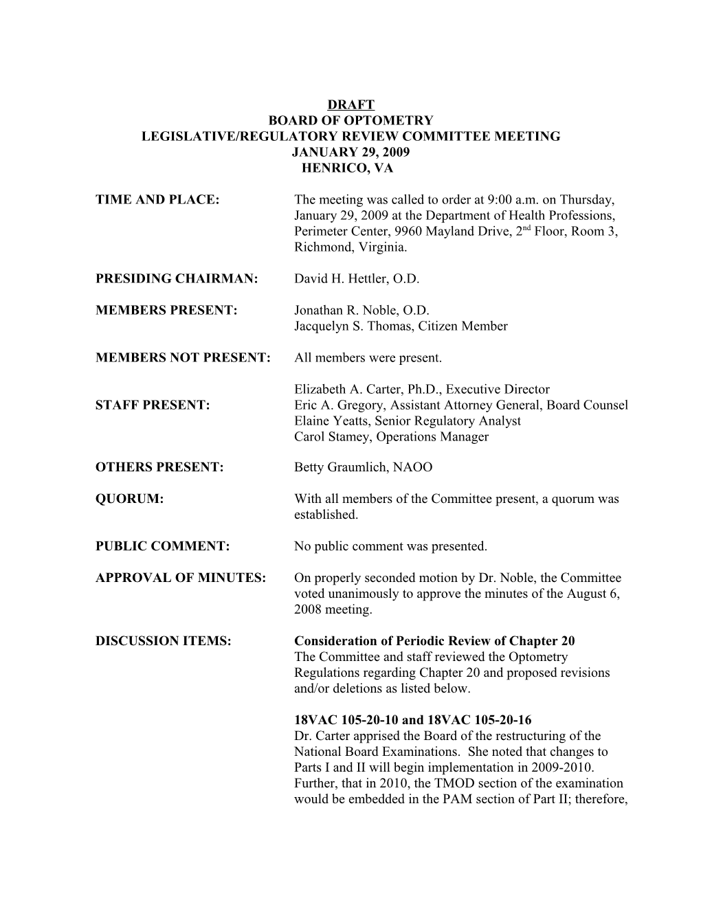 Board of Optometry Minutes 01-29-2009 Leg/Reg