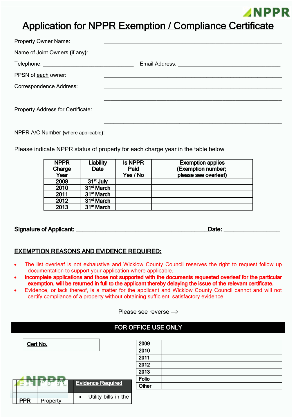 Application for Certificate for NPPR