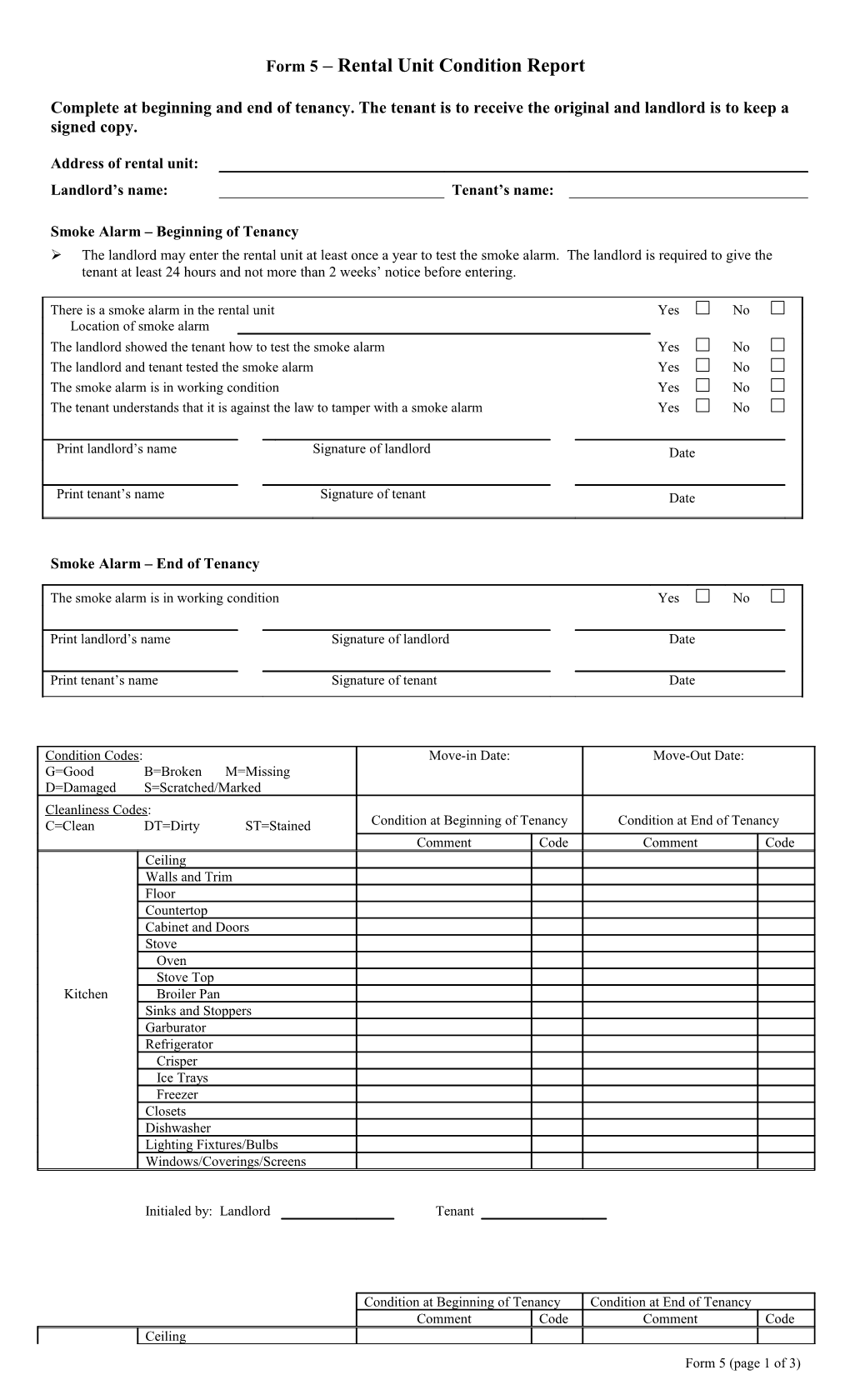 Form 5 Rental Unit Condition Report