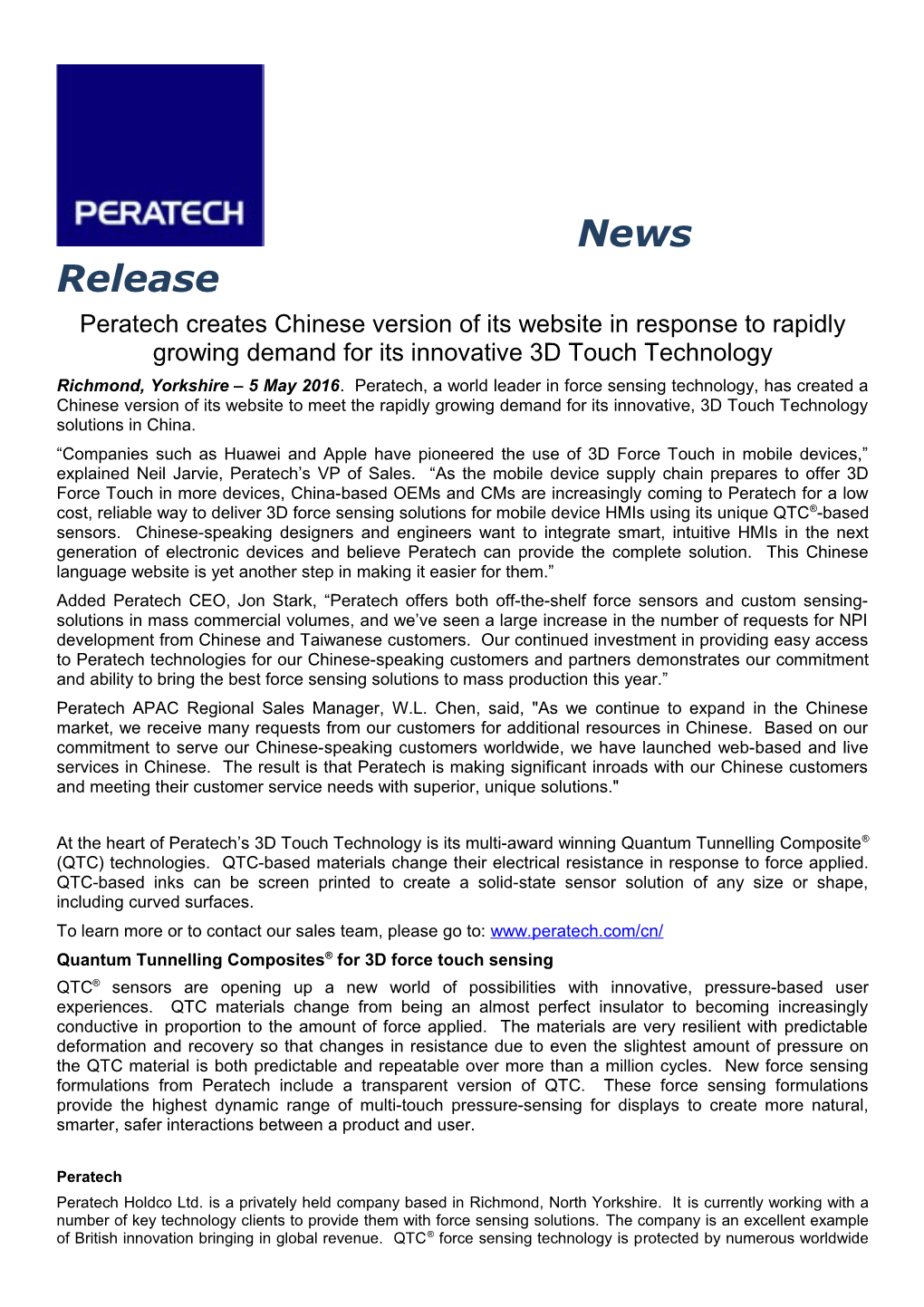 Peratech Creates Chinese Version of Its Website in Response to Rapidly Growing Demand For