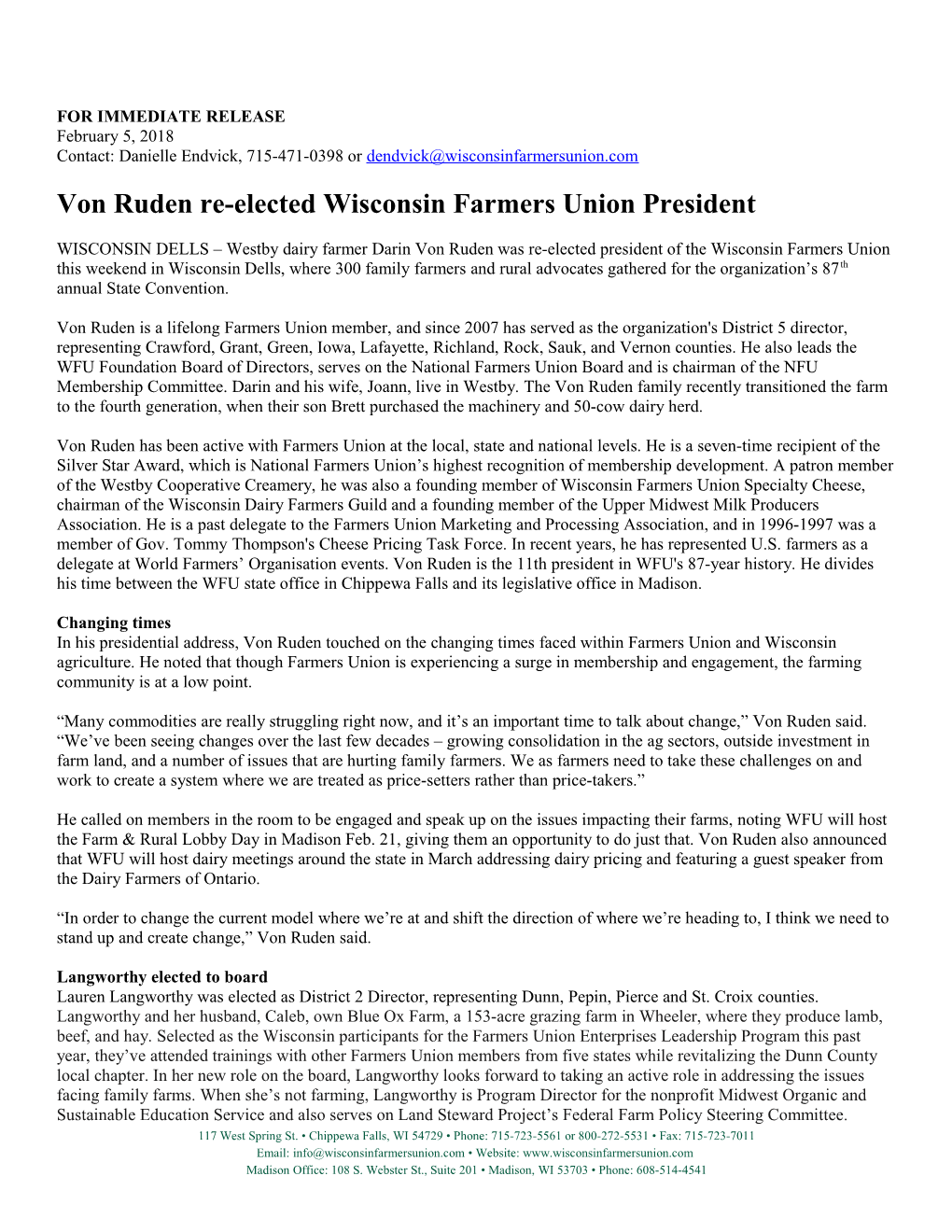 Von Ruden Re-Elected Wisconsin Farmers Union President