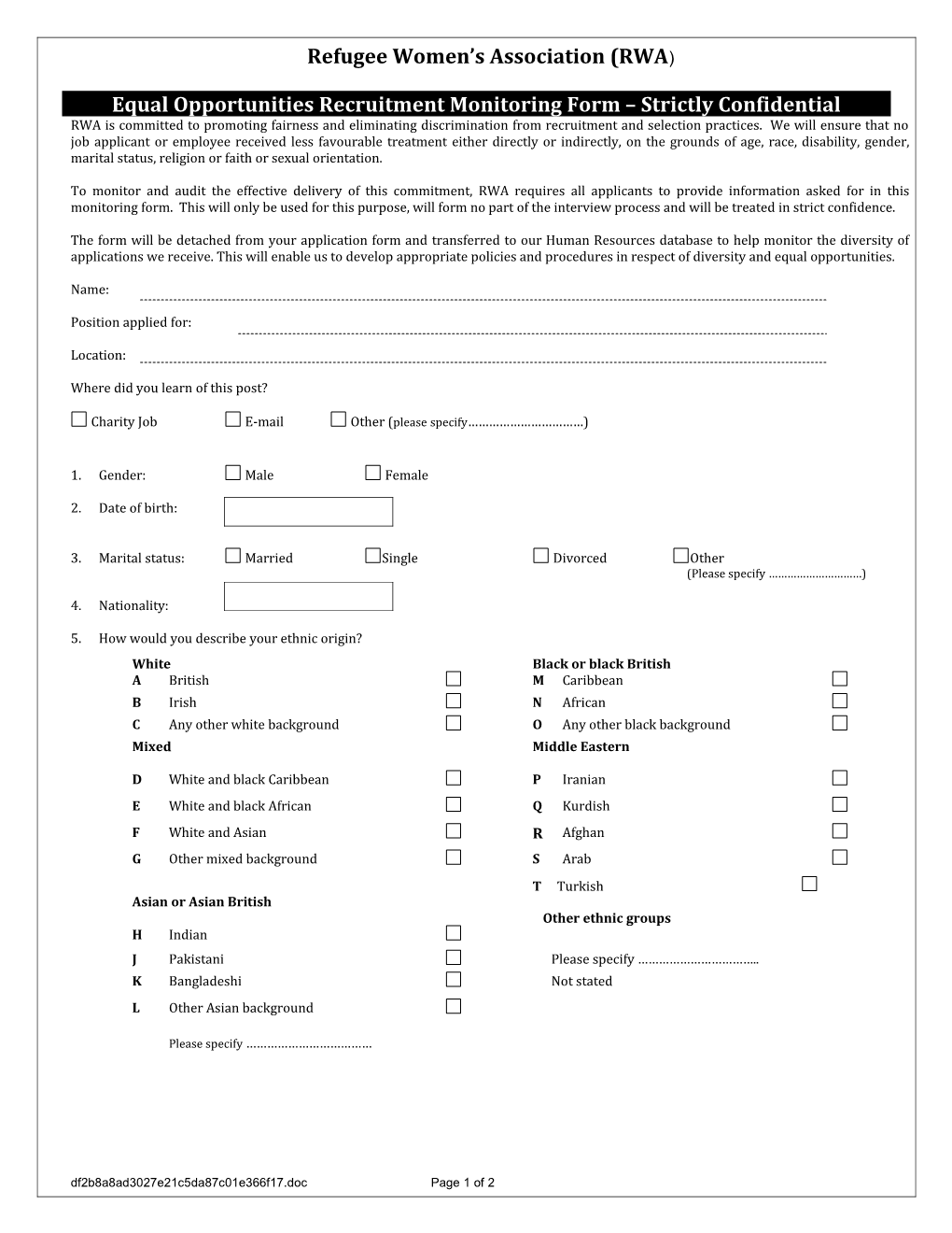 Equal Opportunities Monitoring Form Strictly Confidential