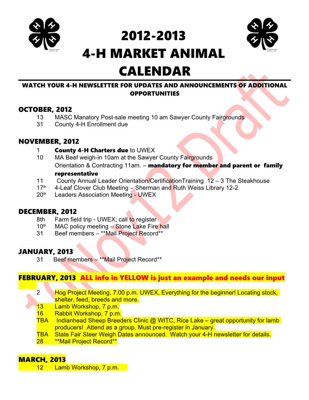 4-H Market Animal Calendar