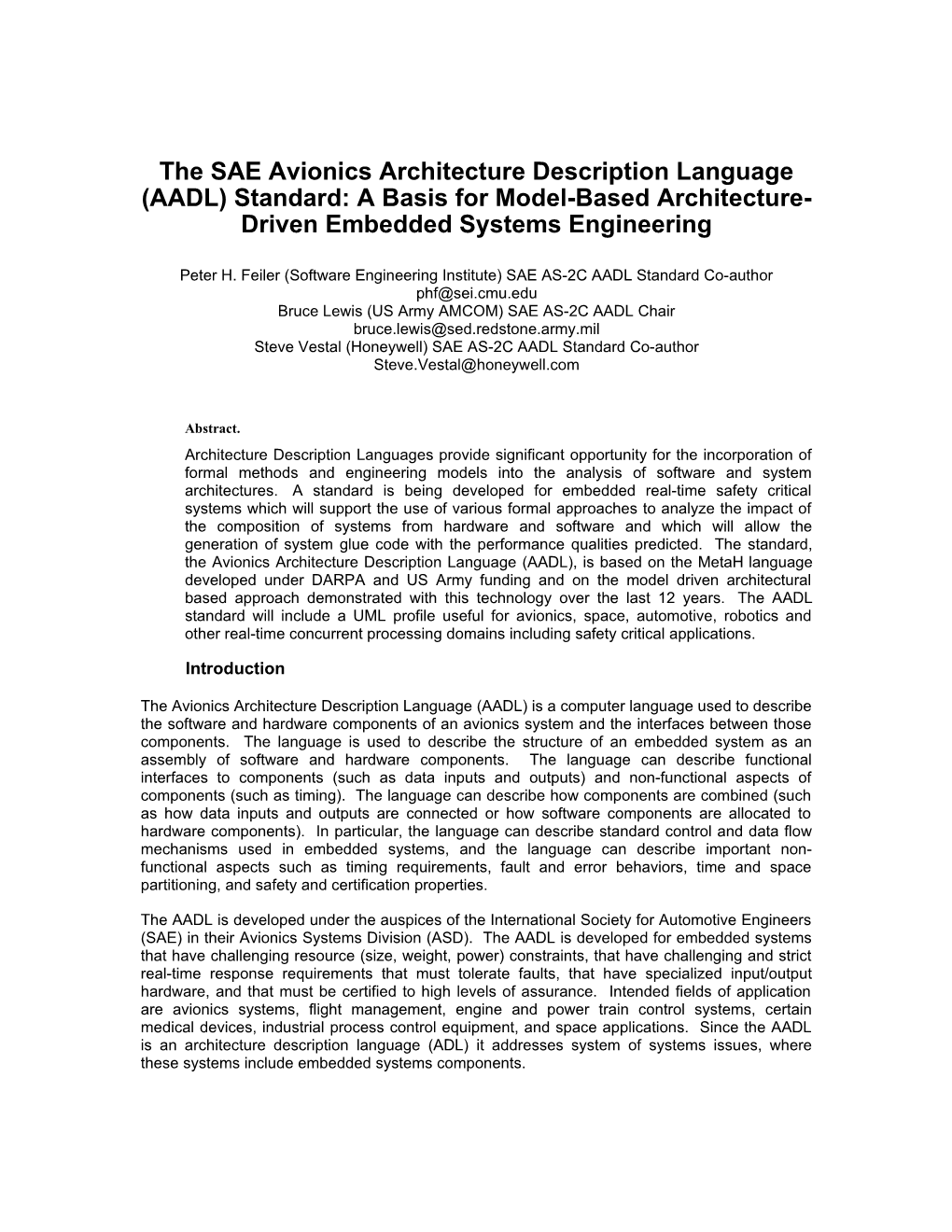 Avionics Architecture Description Language (AADL) Standards Document