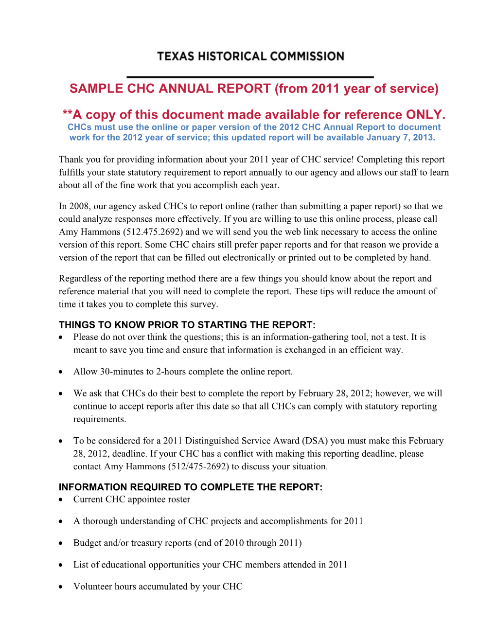 SAMPLE CHC ANNUAL REPORT (From 2011 Year of Service)