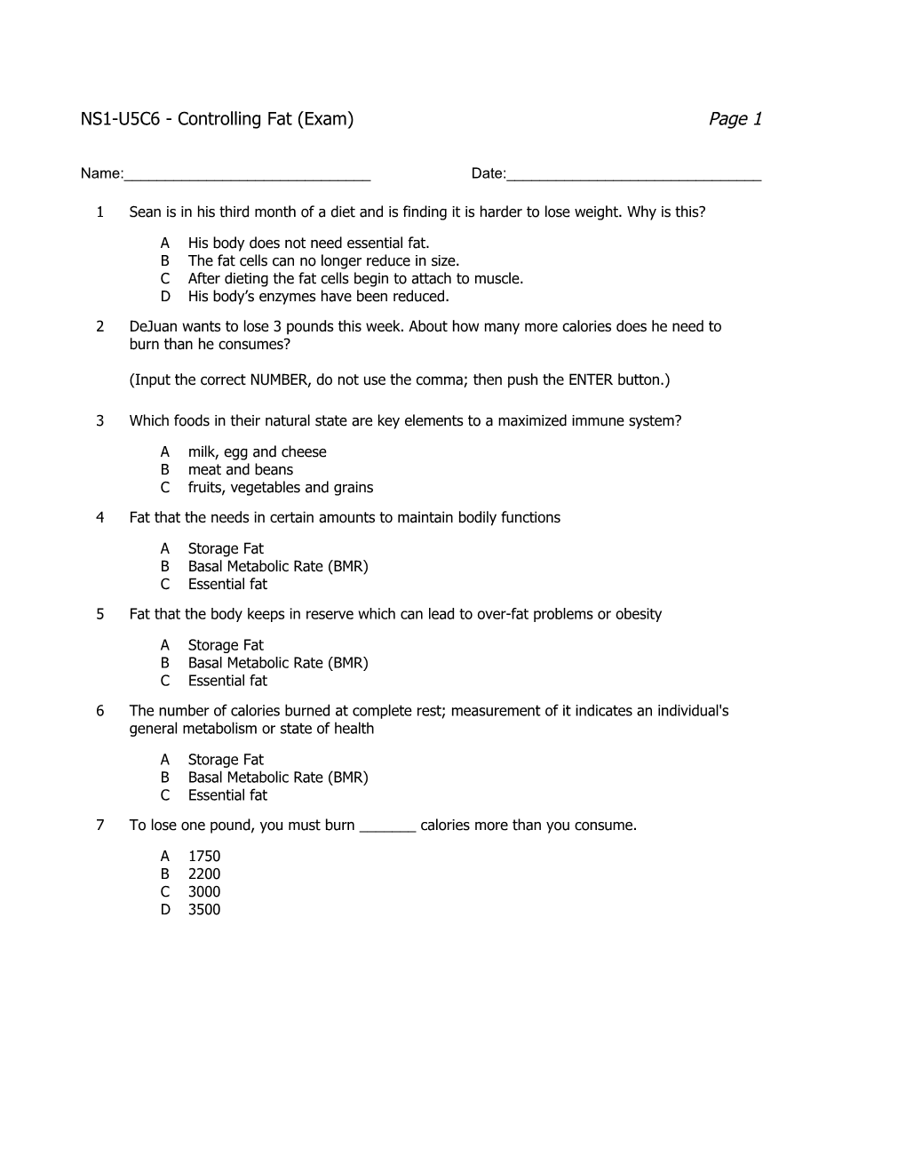 NS1-U5C6 - Controlling Fat (Exam)Page 1