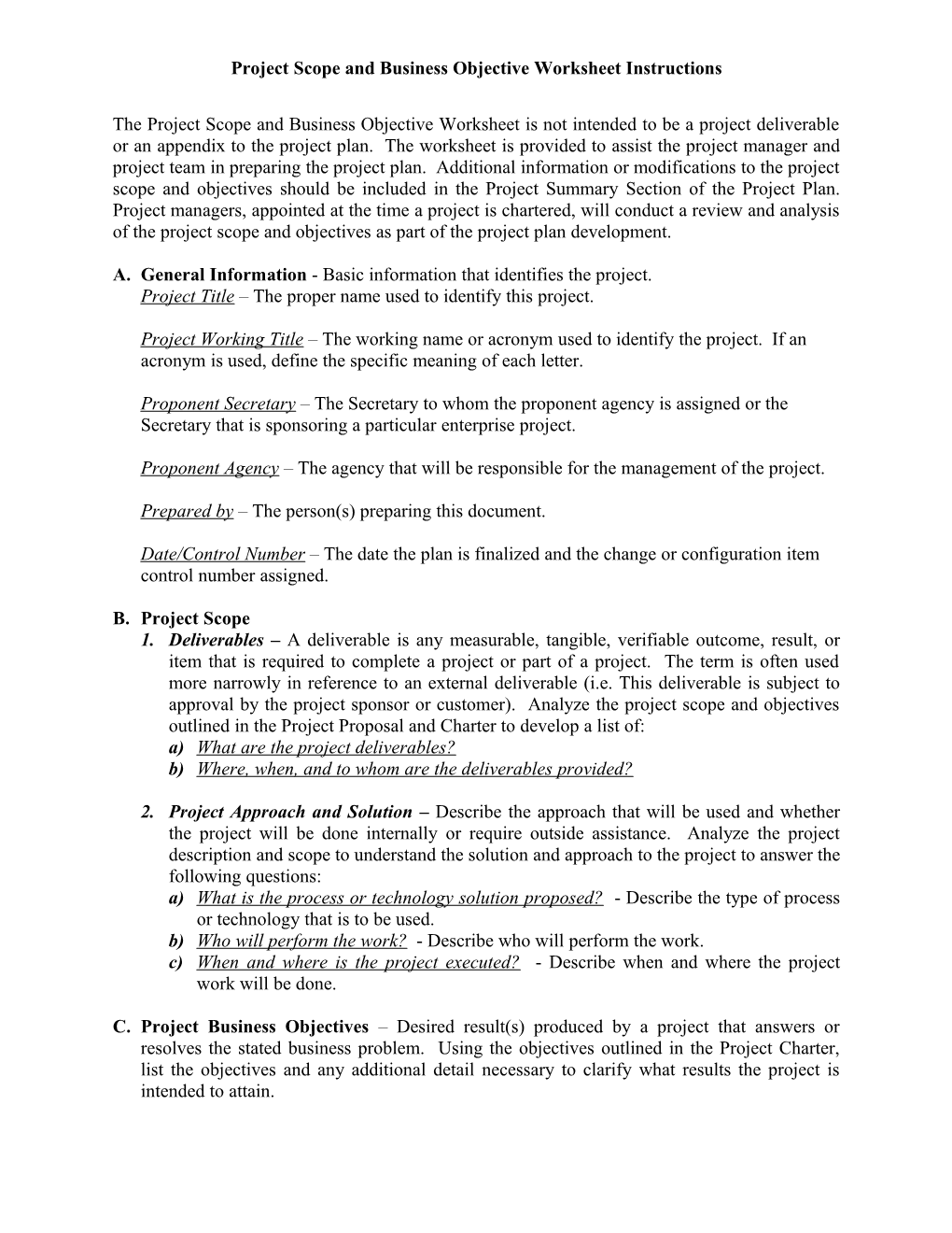 Project Scope and Business Objective Worksheet Instructions