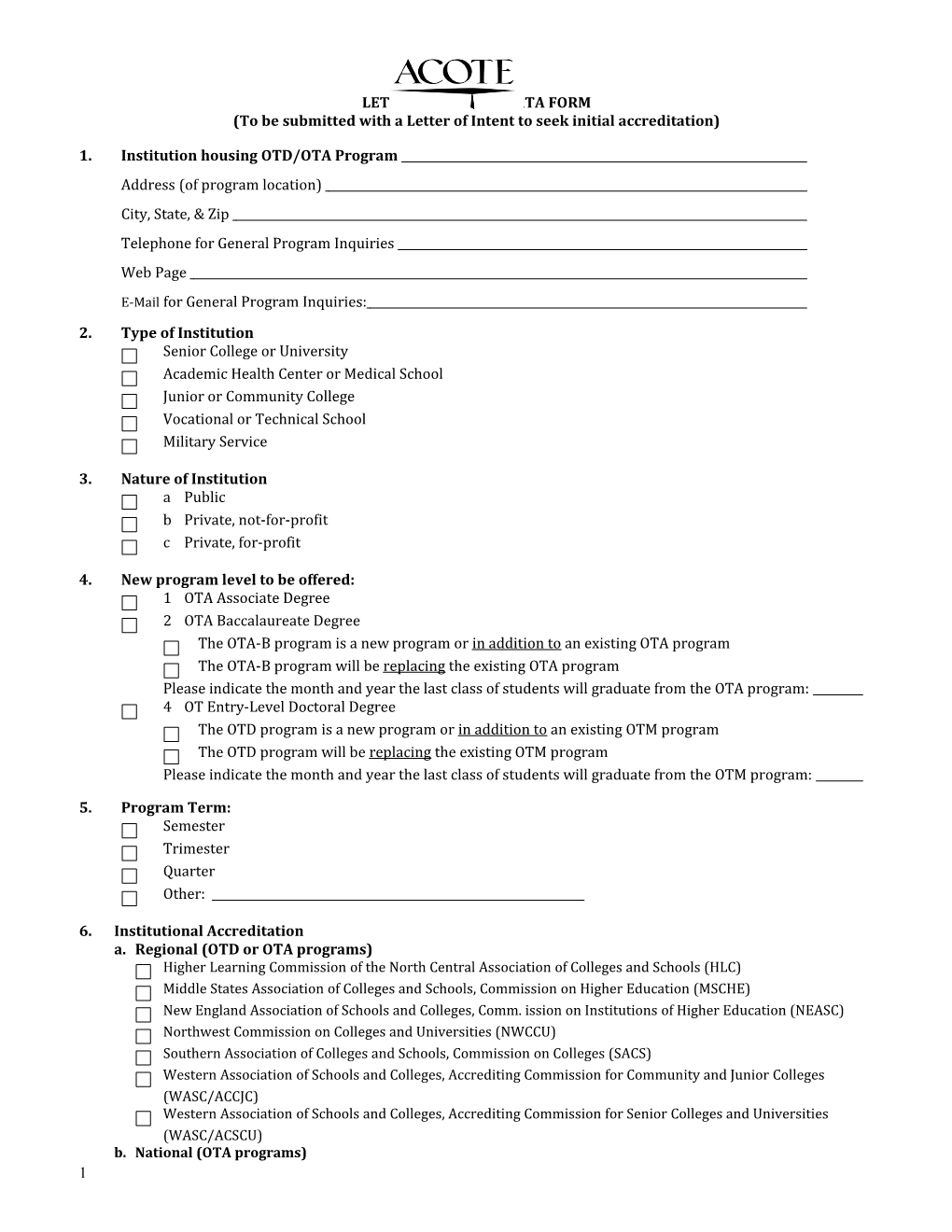 Letter of Intent Data Form