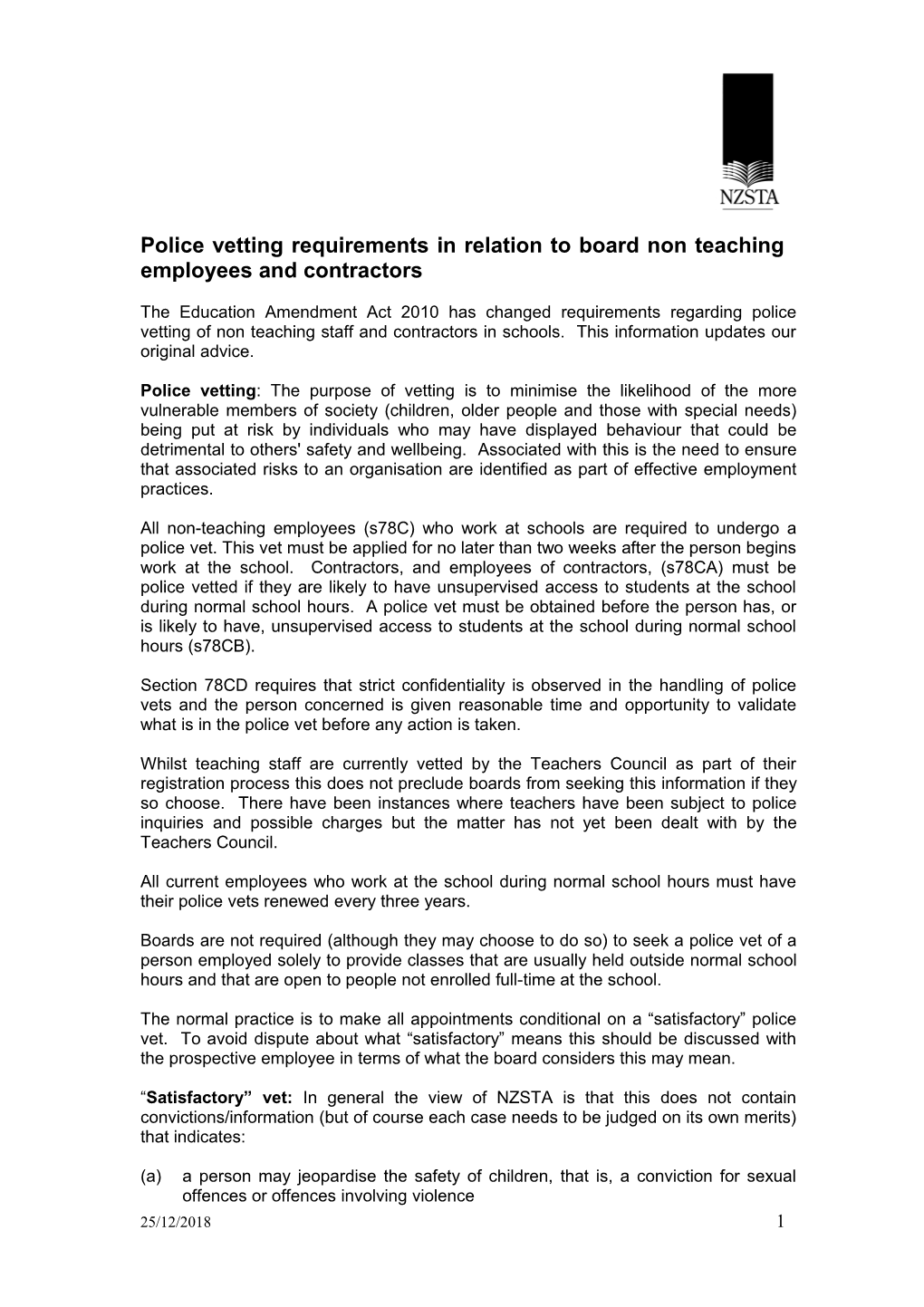 Police Vetting Requirements in Relation to Board Non Teaching Employees and Contractors