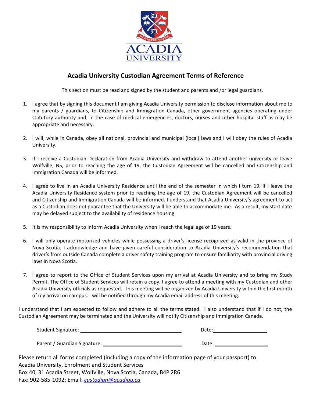 Acadia University Custodian Agreementterms of Reference