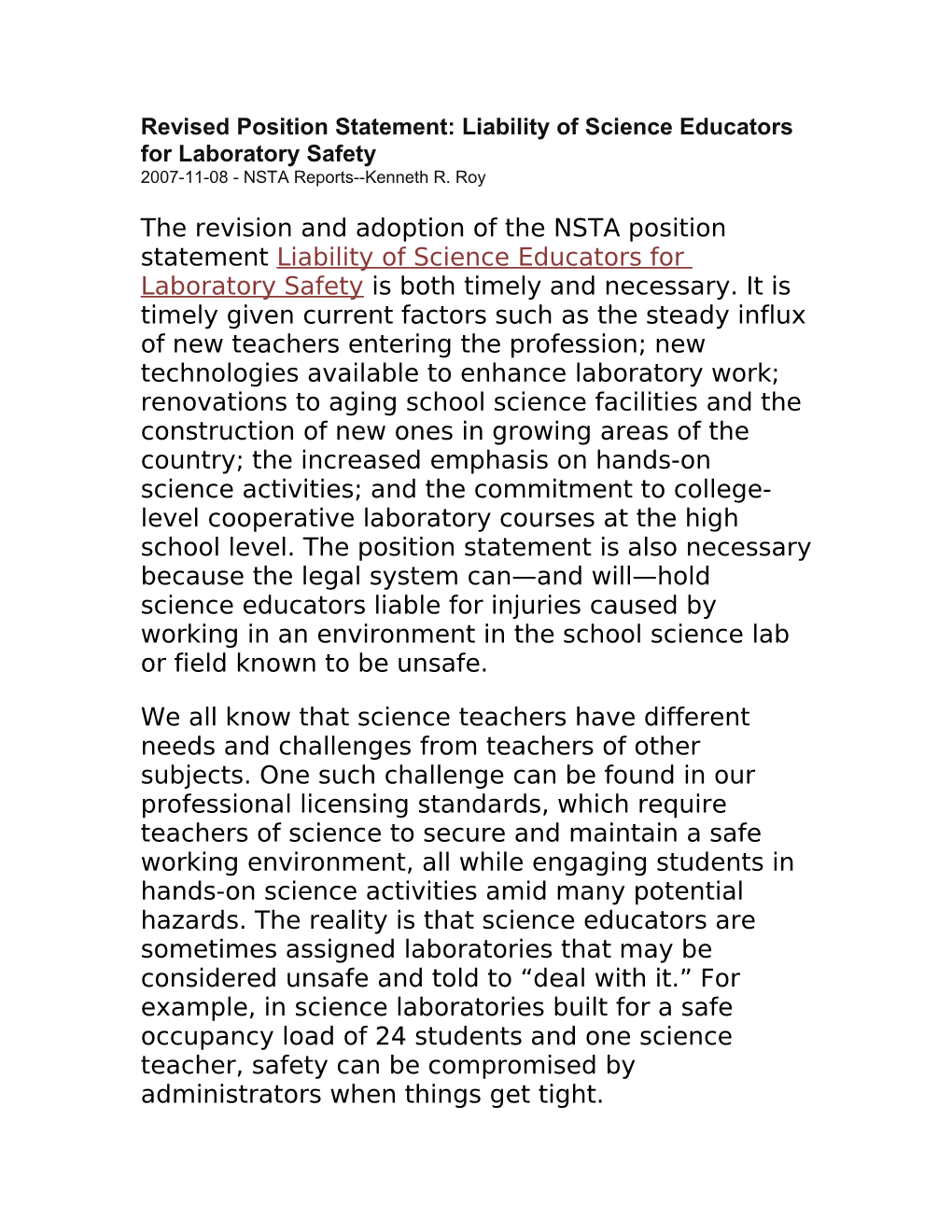 Revised Position Statement: Liability of Science Educators for Laboratory Safety