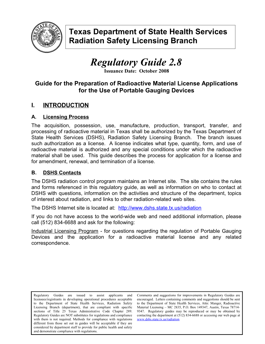 Texas Radiation Safety Licensing Branchregulatory Guide 2.8Portable Gauge License Application