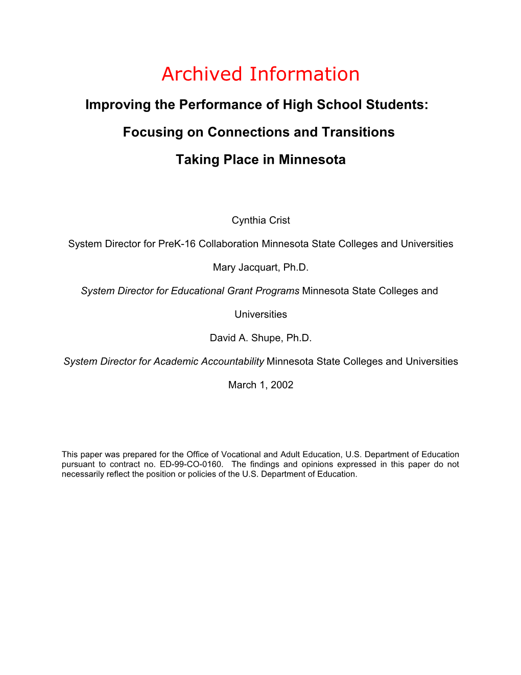 Archived: Improving the Performance of High School Students: Focusing on Connections And