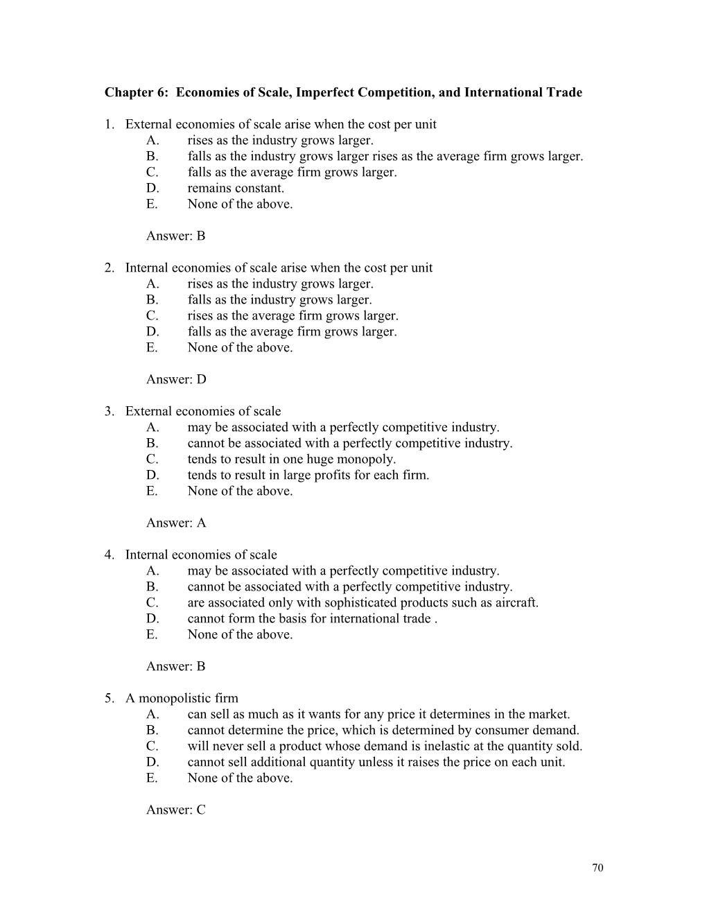 Chapter 6: Economies of Scale, Imperfect Competition, and International Trade