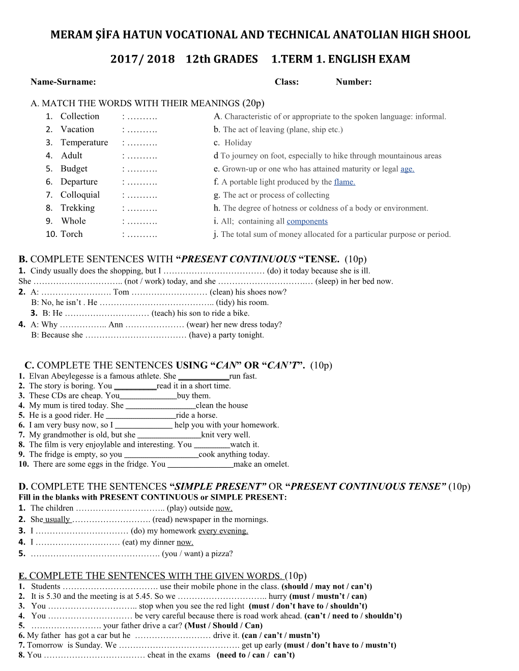 2017/ 2018 12Th GRADES 1.TERM 1. ENGLISH EXAM