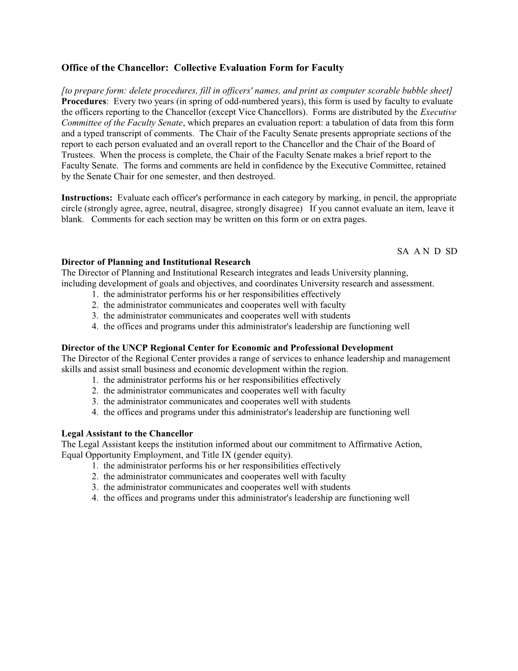 Office of the Chancellor: Collective Evaluation Form for Faculty