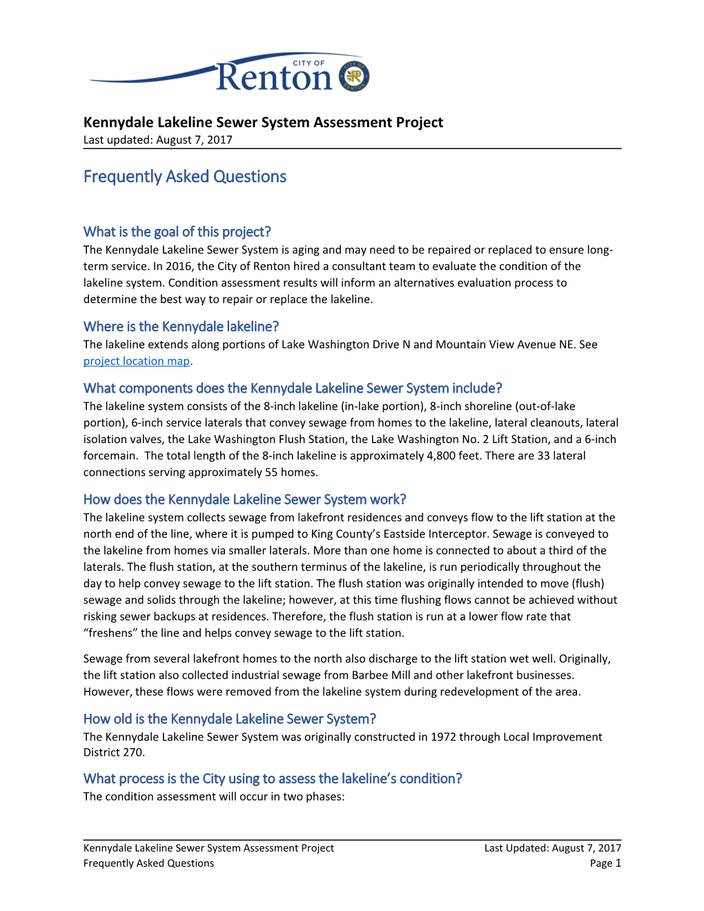 Kennydale Lakeline Sewer System Assessment Project