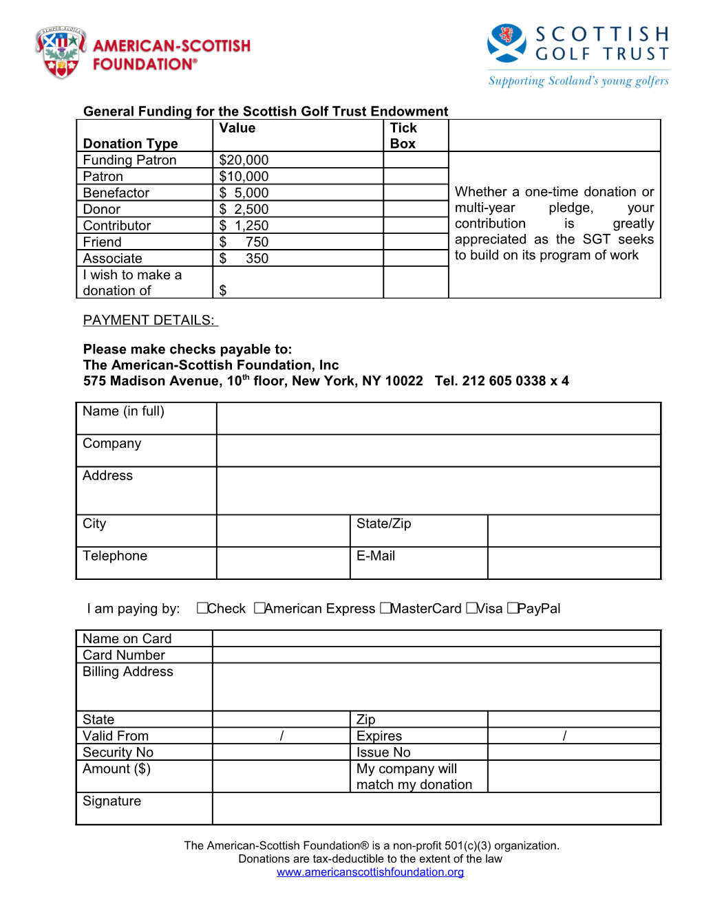 General Funding for the Scottish Golf Trustendowment