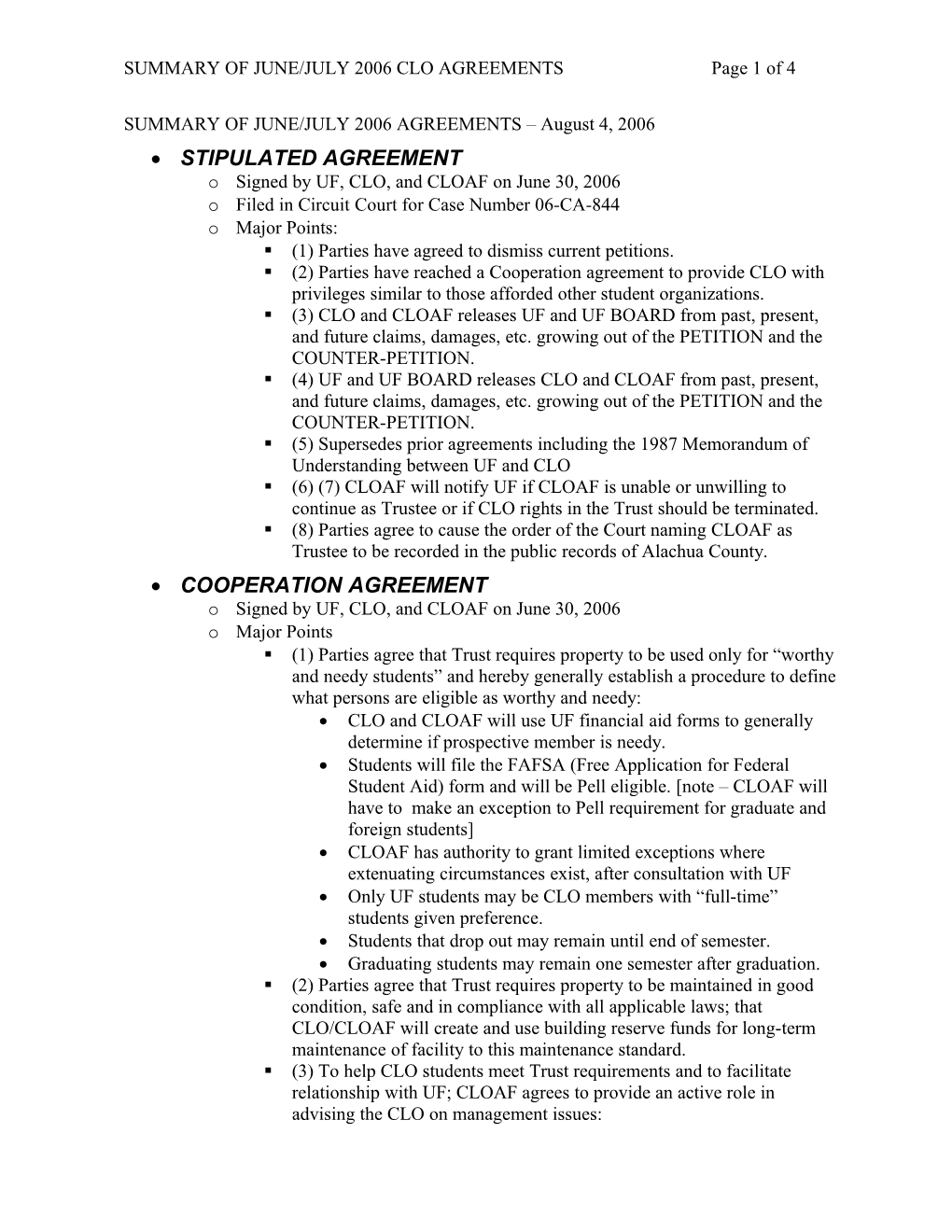 Summary of June 2006 Agreements
