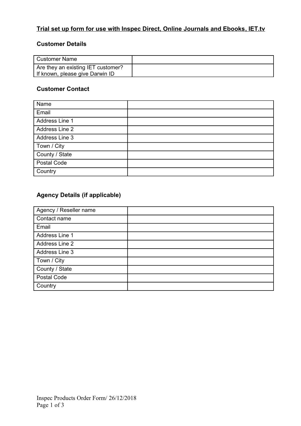 Trial Set up Form for Use with Inspec Direct, Online Journals and Ebooks, IET.Tv