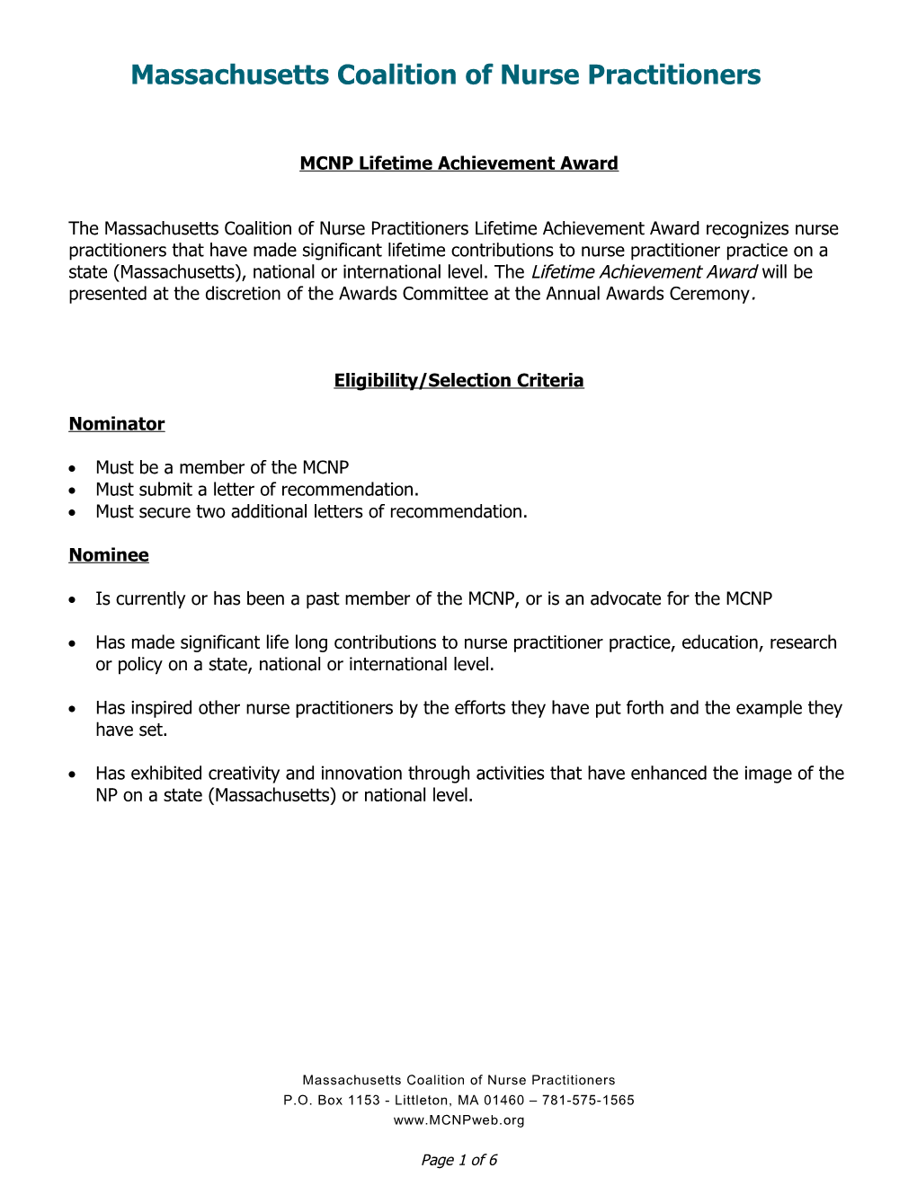 MCNP Lifetime Acheivement Award