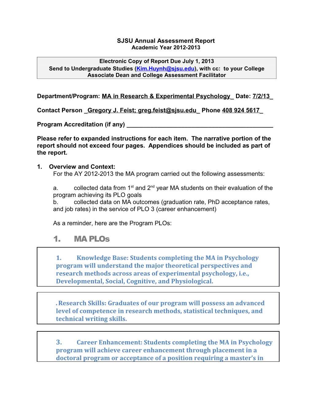 SJSU Annual Assessment Report