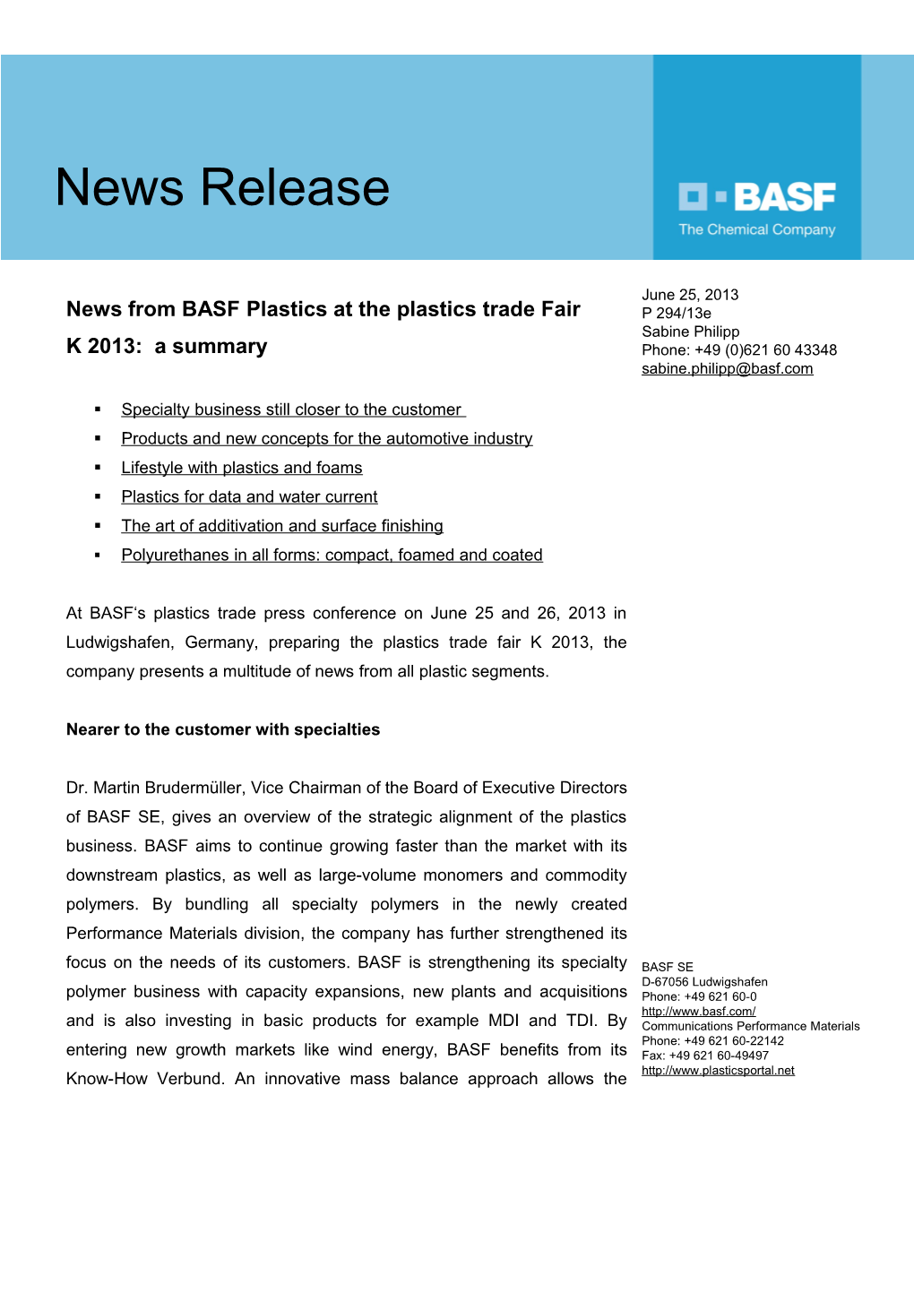 News from BASF Plastics at the Plastics Trade Fair K2013: a Summary