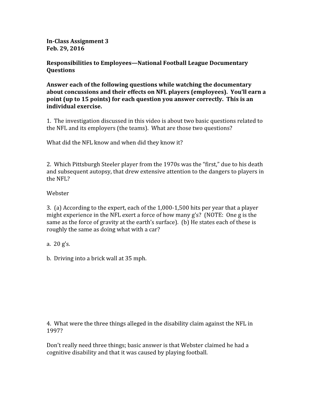 Responsibilities to Employees National Football League Documentary Questions