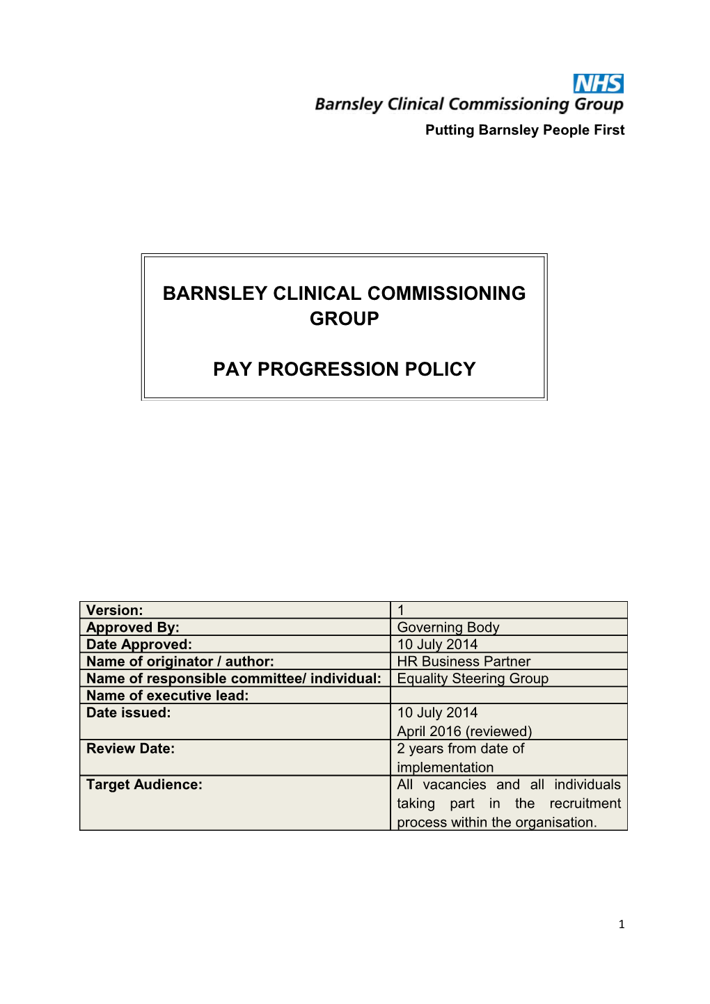 Barnsley Clinical Commissioning Group Pay Progression Policy