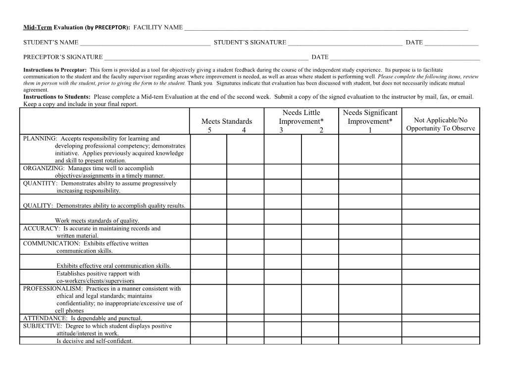 Mid-Term Evaluation (By PRECEPTOR): FACILITY NAME ______