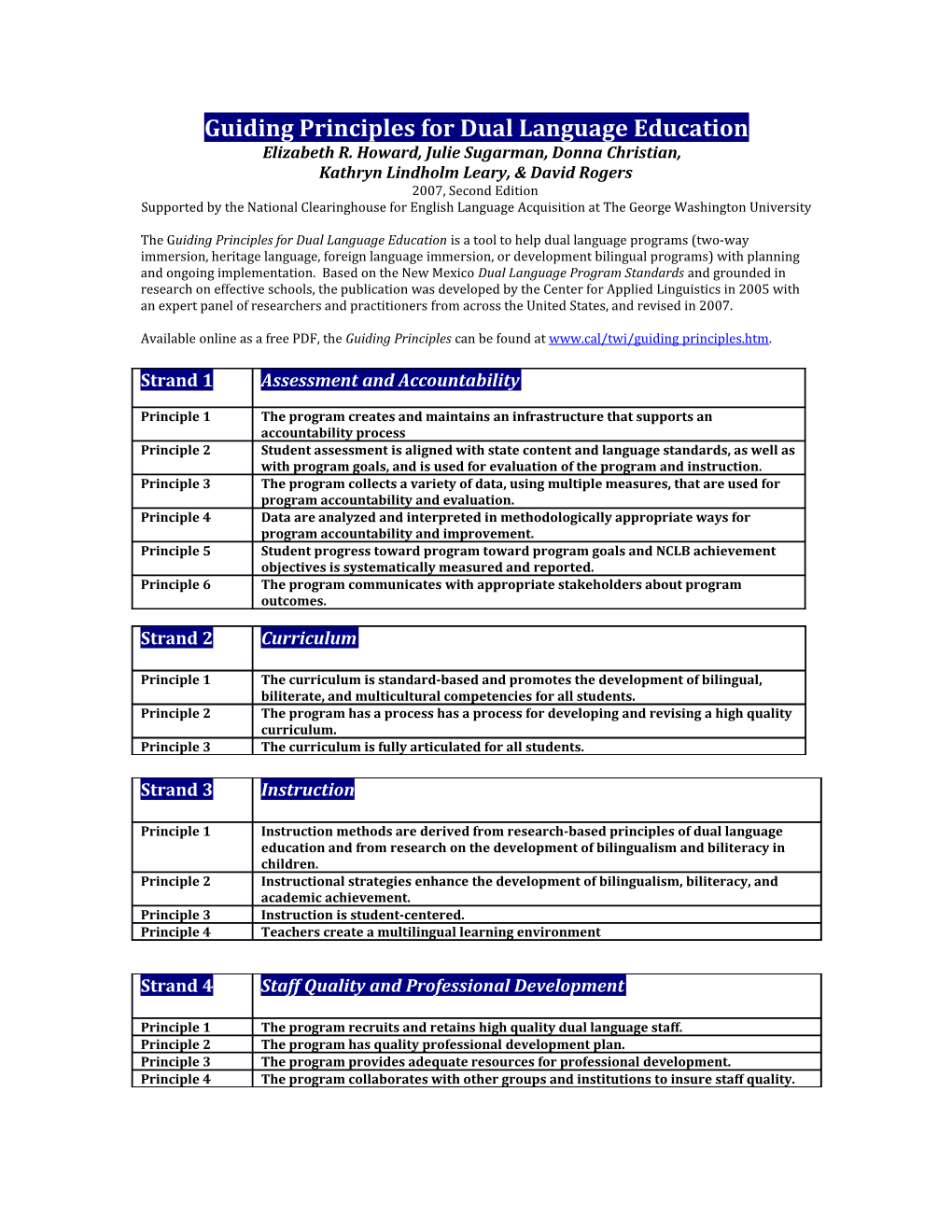 Guiding Principles for Dual Language Education