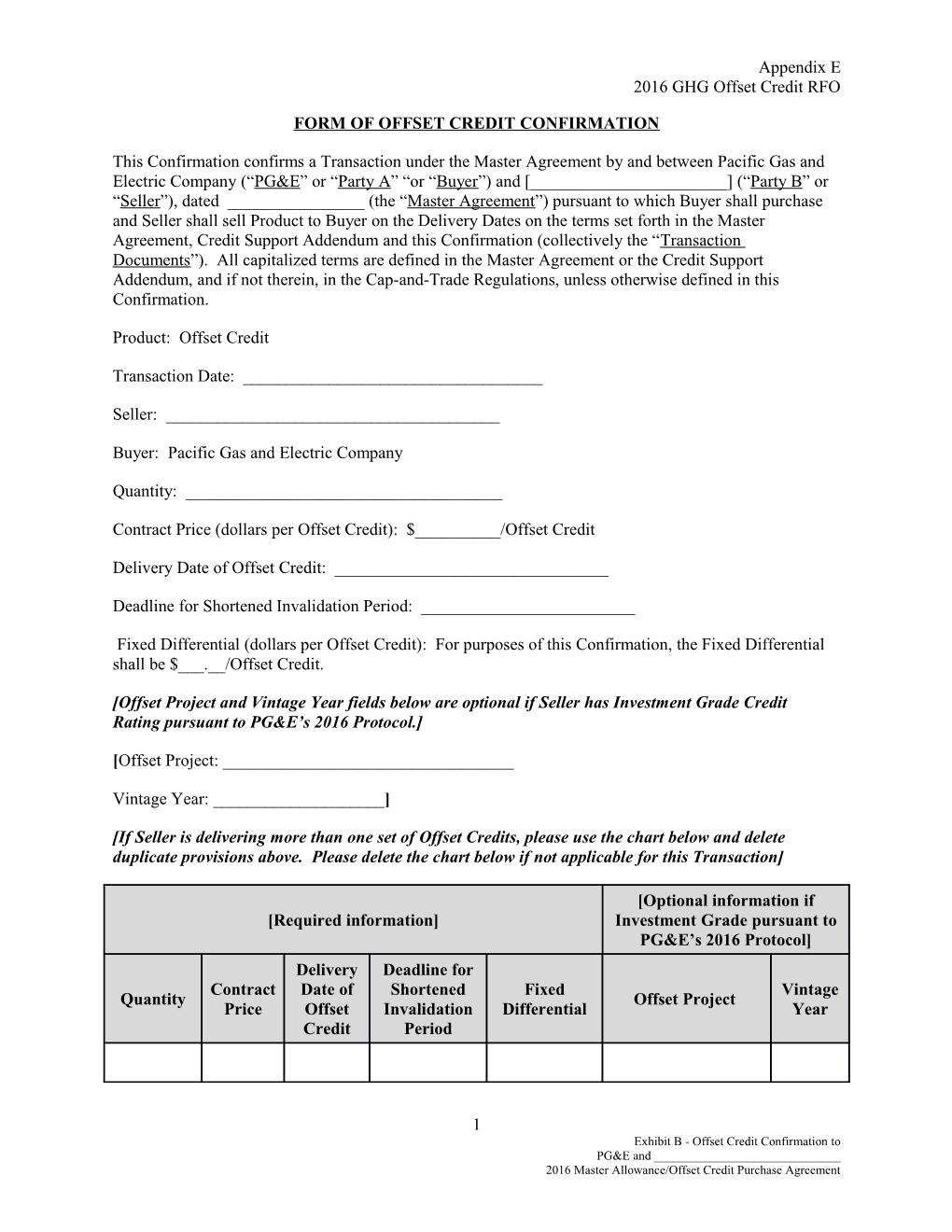 Form of Offset Credit Confirmation