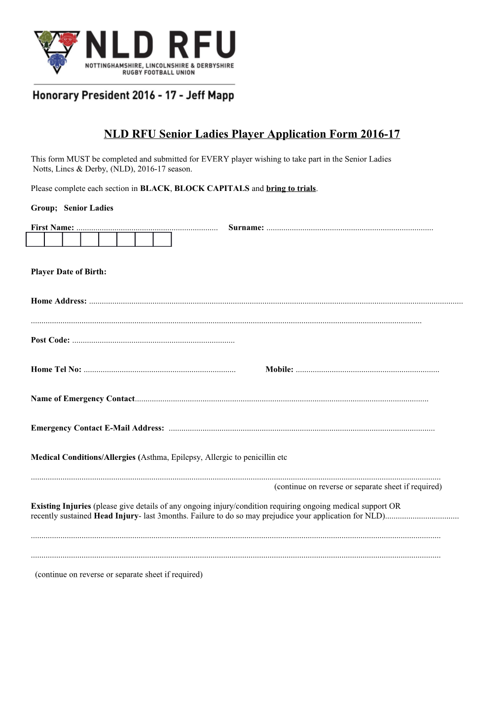 NLD RFU Senior Ladies Player Application Form 2016-17