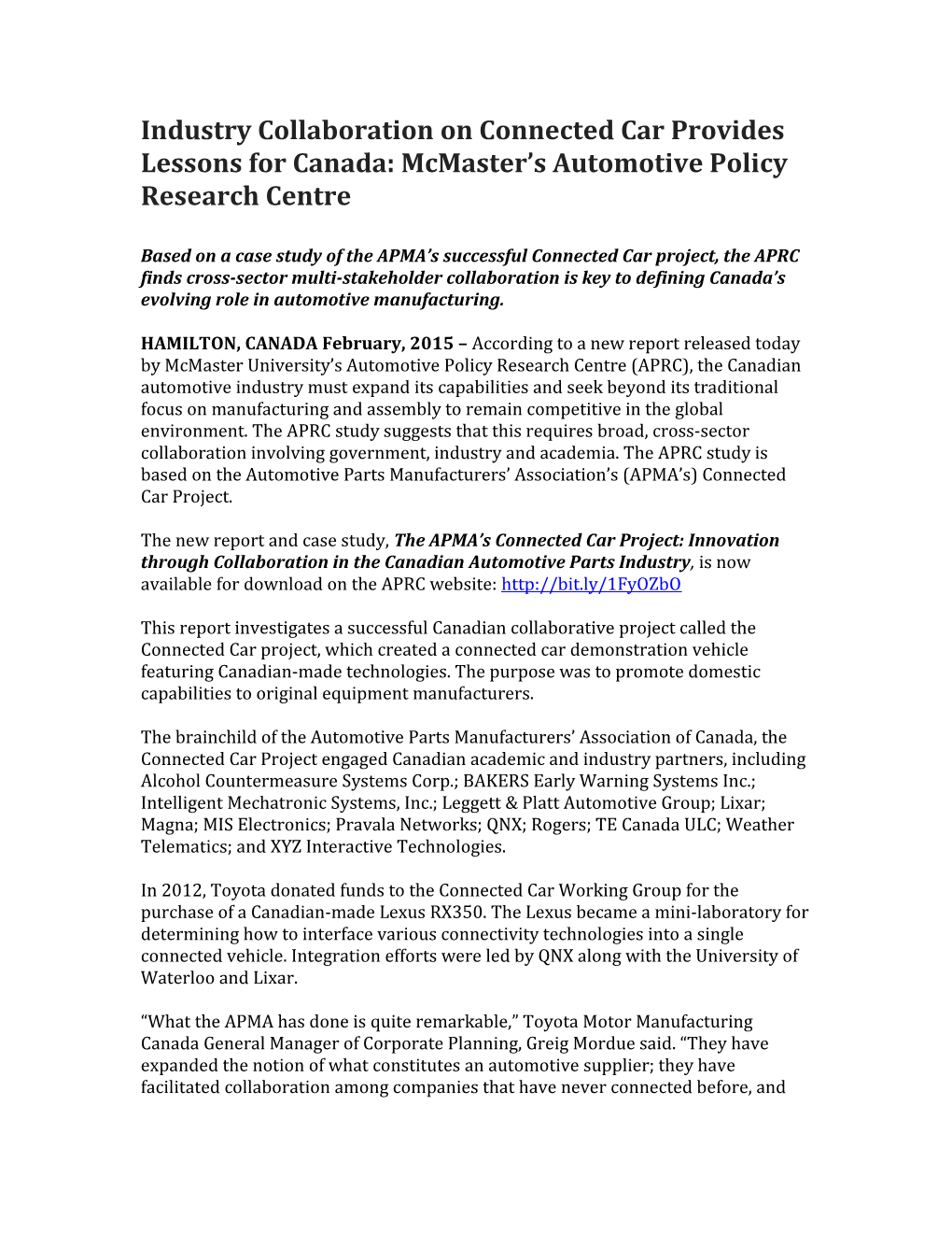 Industry Collaboration on Connected Car Provides Lessons for Canada: Mcmaster S Automotive