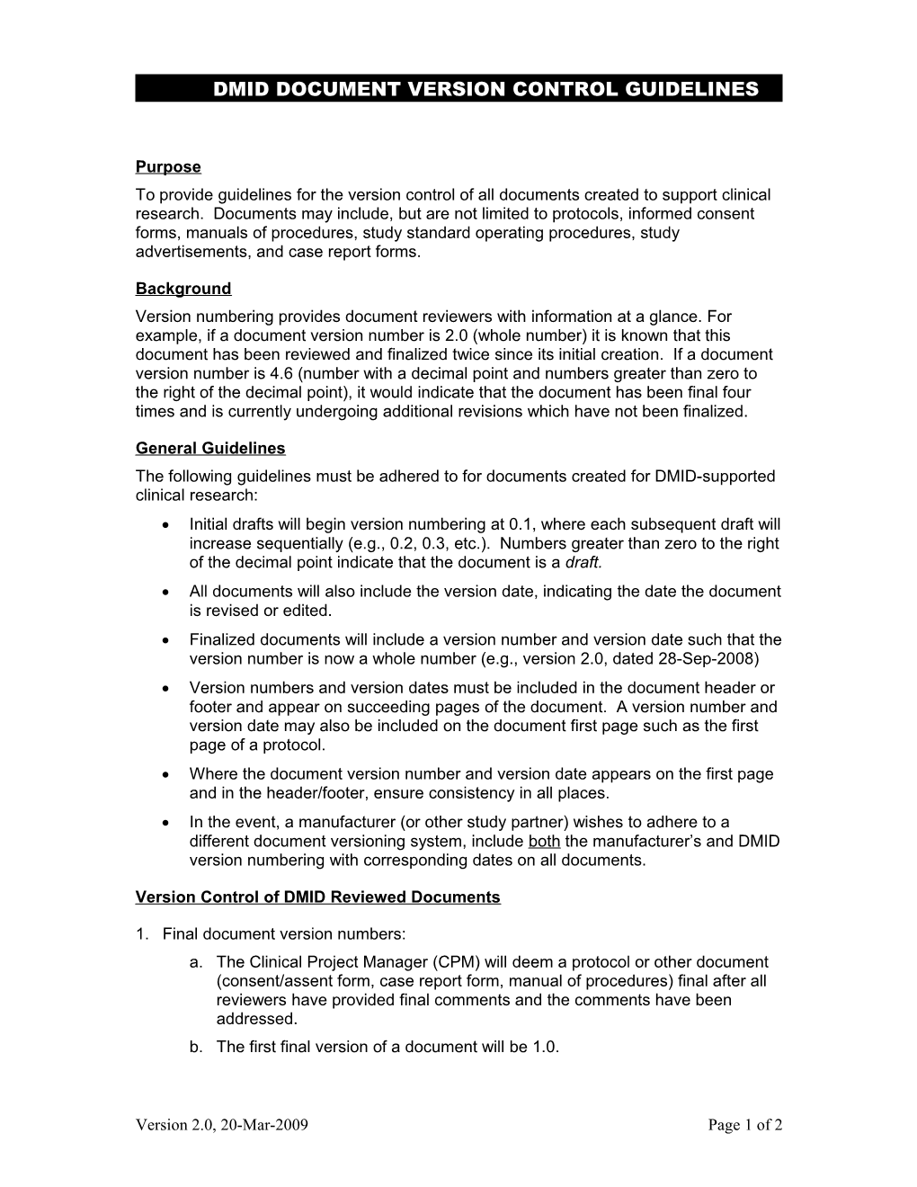 DMID Document Version Control Guidelines, Version 2.0, March 20, 2009