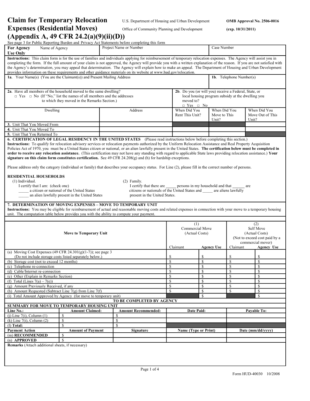 Claim for Temporary Relocation