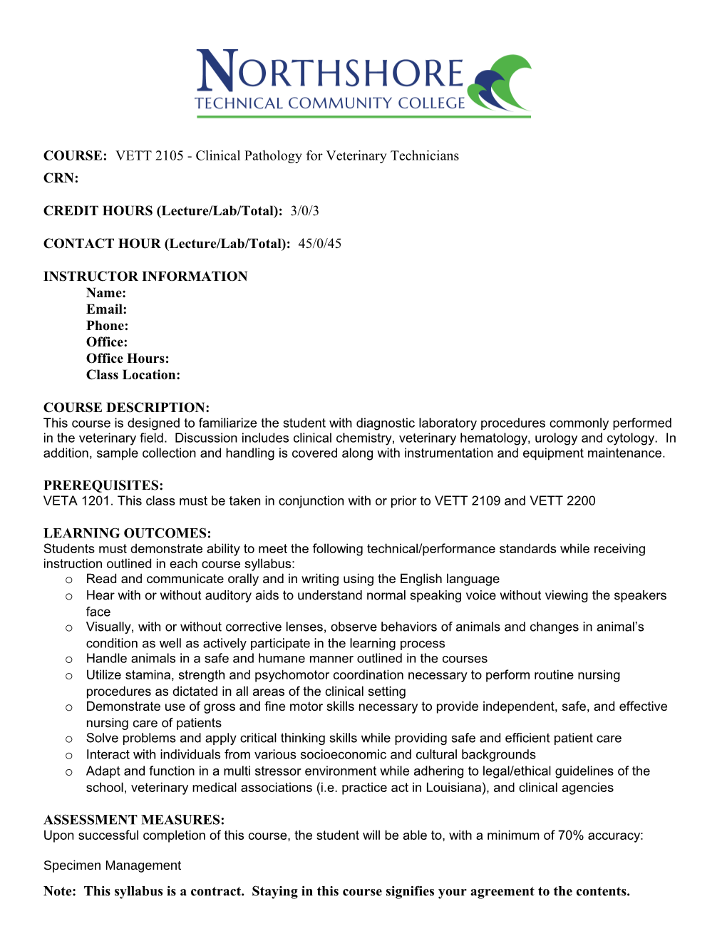 COURSE: VETT 2105 - Clinical Pathology for Veterinary Technicians