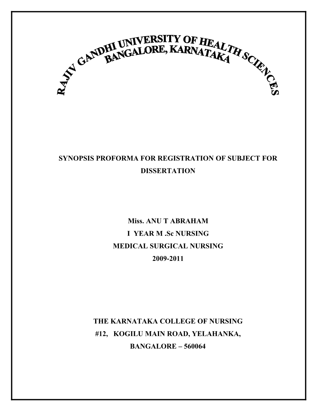 Synopsis Proforma for Registration of Subject for Dissertation