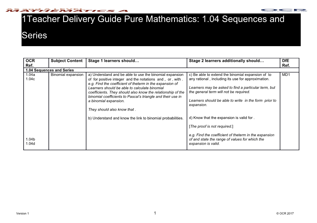 AS and a Level Mathematics a Teacher Delivery Guide Pure Mathematics: 1.04 Sequences