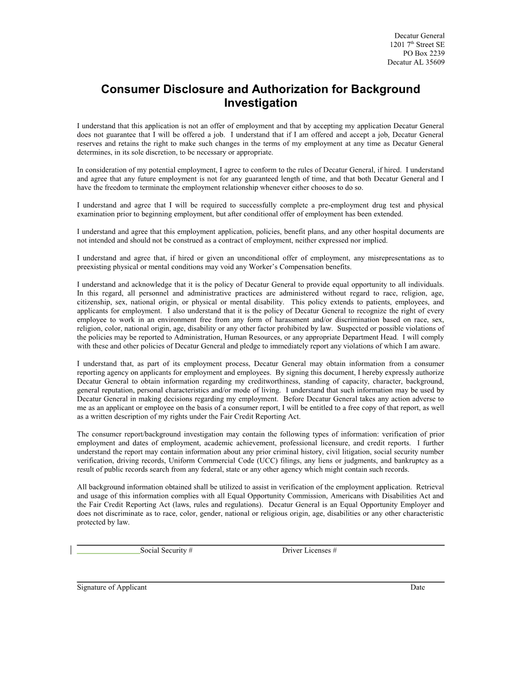 Consumer Disclosure and Authorization for Background Investigation