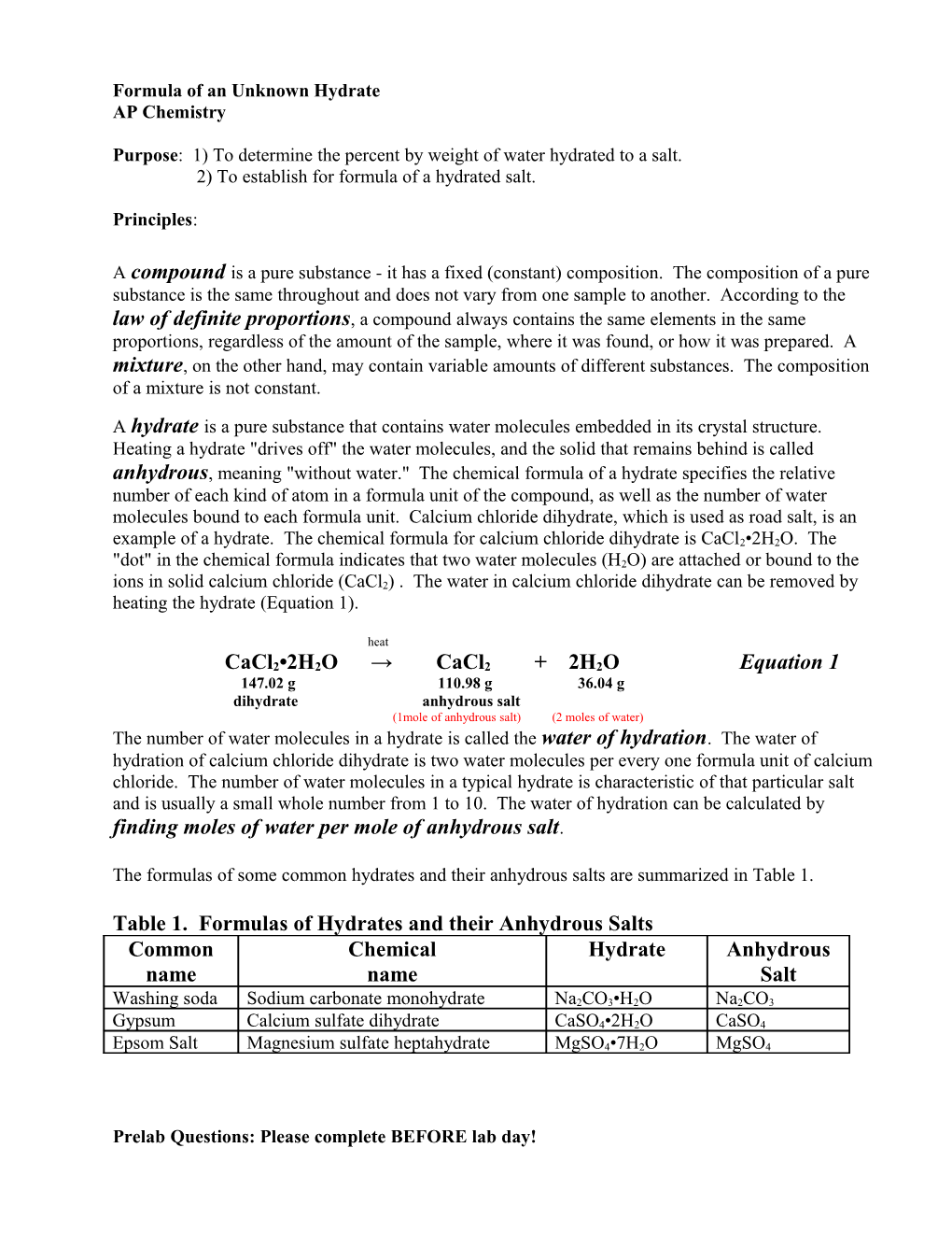 Grade 11 Chemistry: Lab #5: Formula of a Hydrate