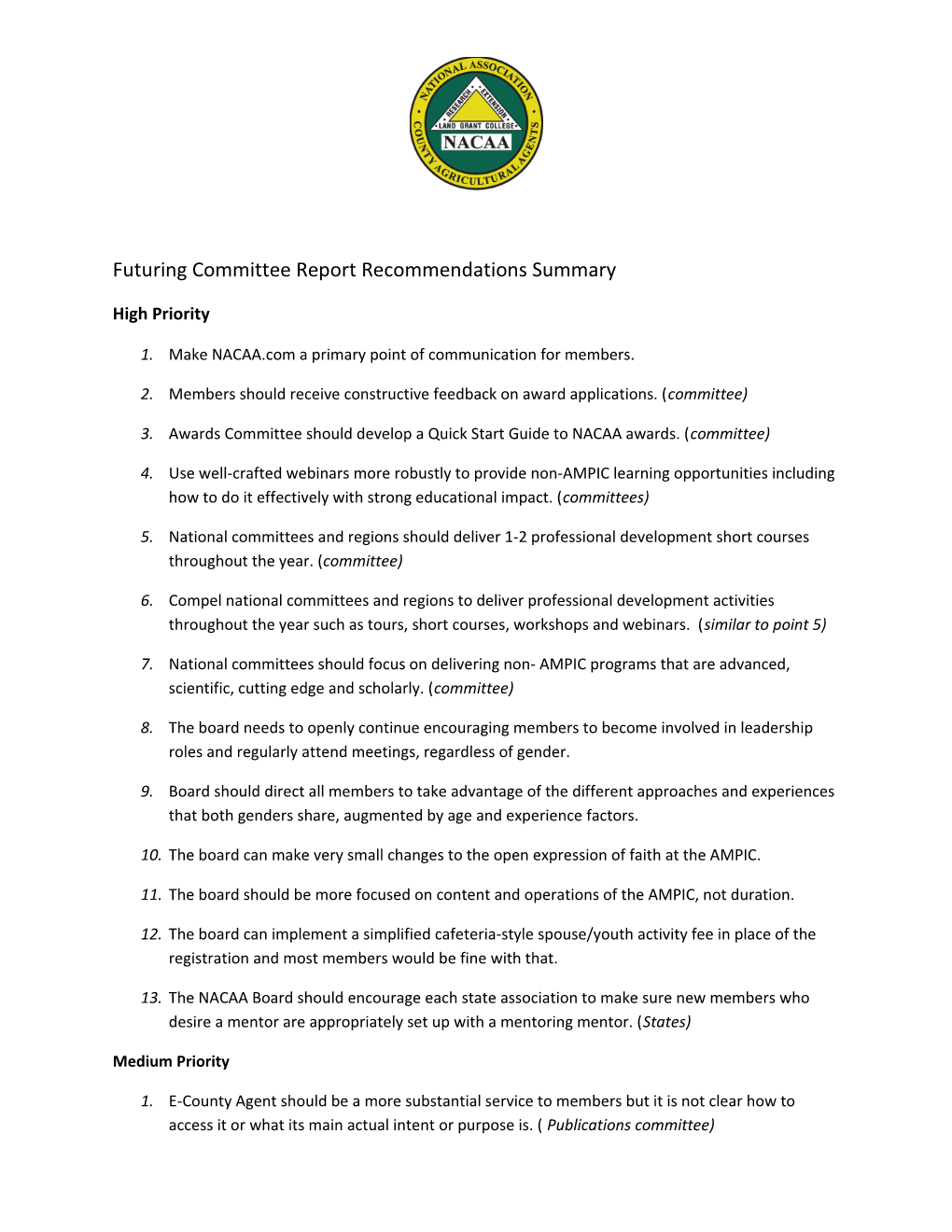 Futuring Committee Report Recommendations Summary