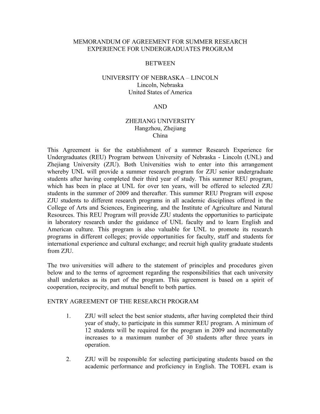 Memorandum of Agreement for Summer Research