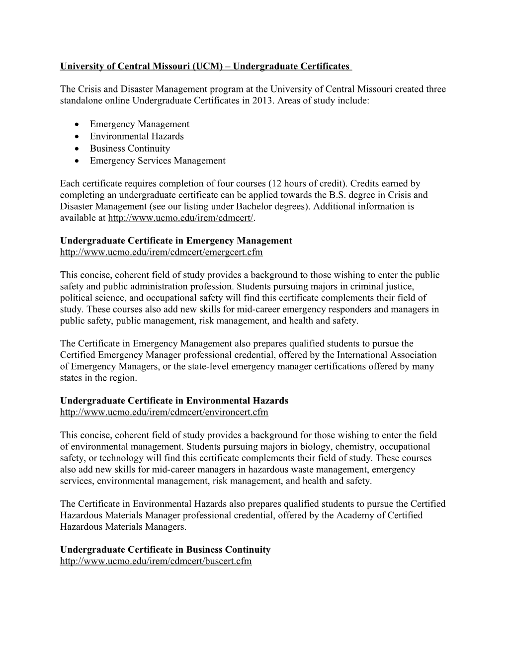 University of Central Missouri (UCM) Undergraduate Certificates
