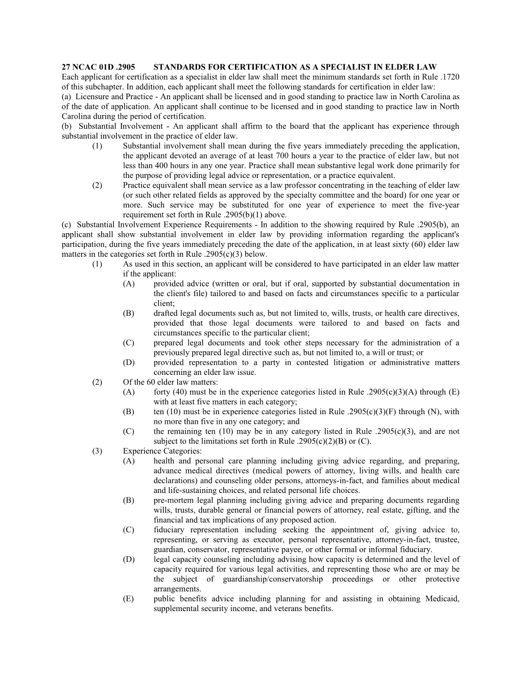 27 NCAC 01D .2905Standards for Certification As a Specialist in Elder Law