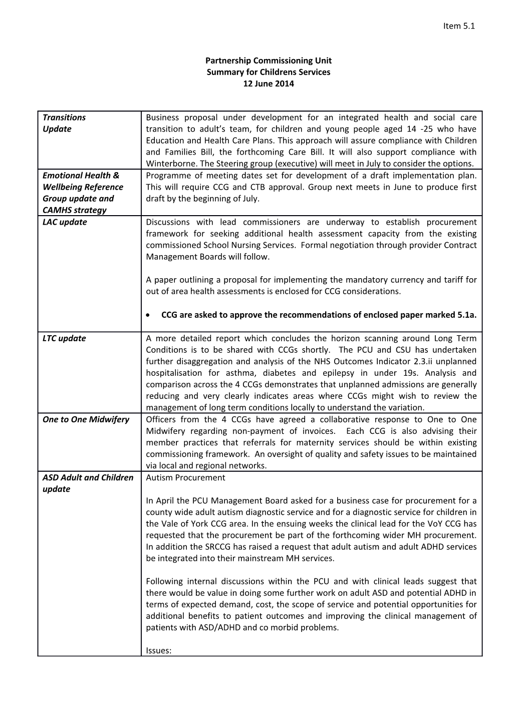 Summary for Childrens Services