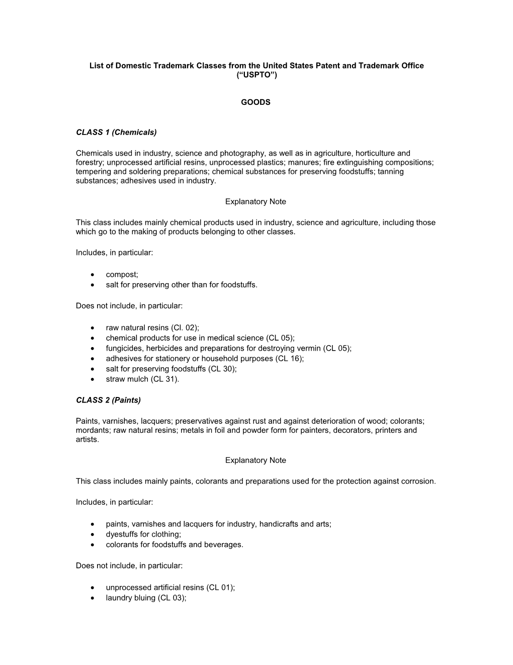 List of Trademark Classes from the United States Patent and Trademark Office ( USPTO )