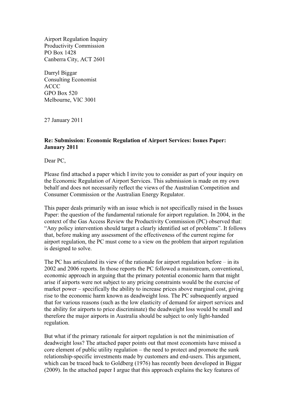 Submission 1 - Darryl Biggar - Economic Regulation of Airport Services - Public Inquiry