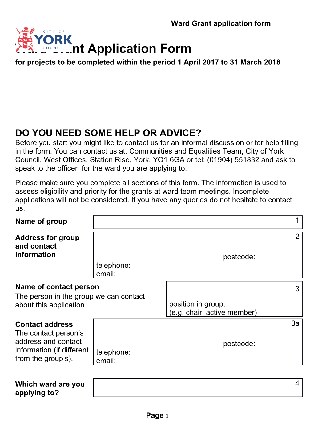 Ward Grant Application Form