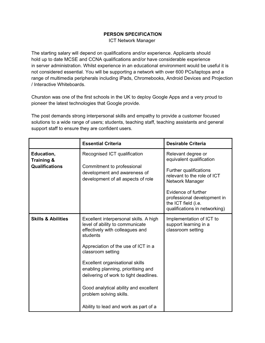 ICT Network Manager - Person Spec